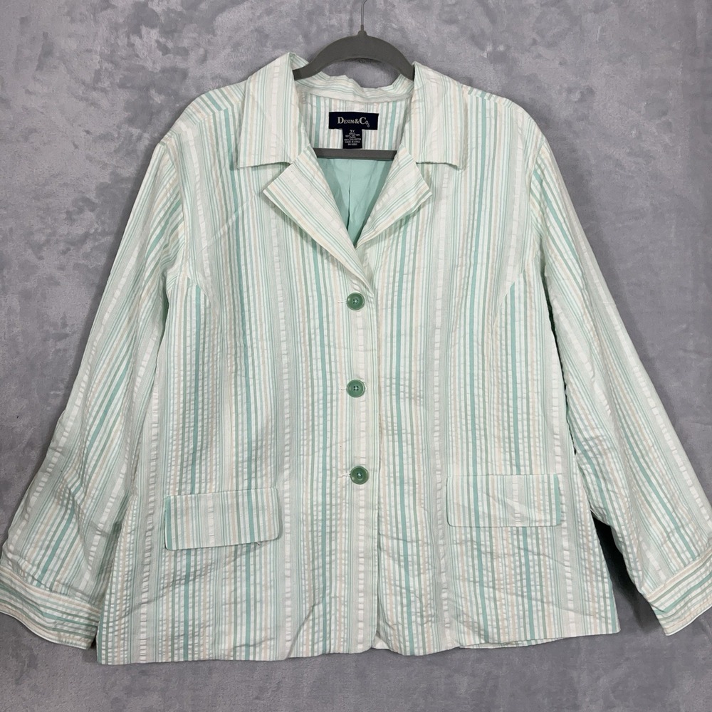 Denim & Co. Womens Textured Cotton Blazer Pockets White Striped Career Spring 3X